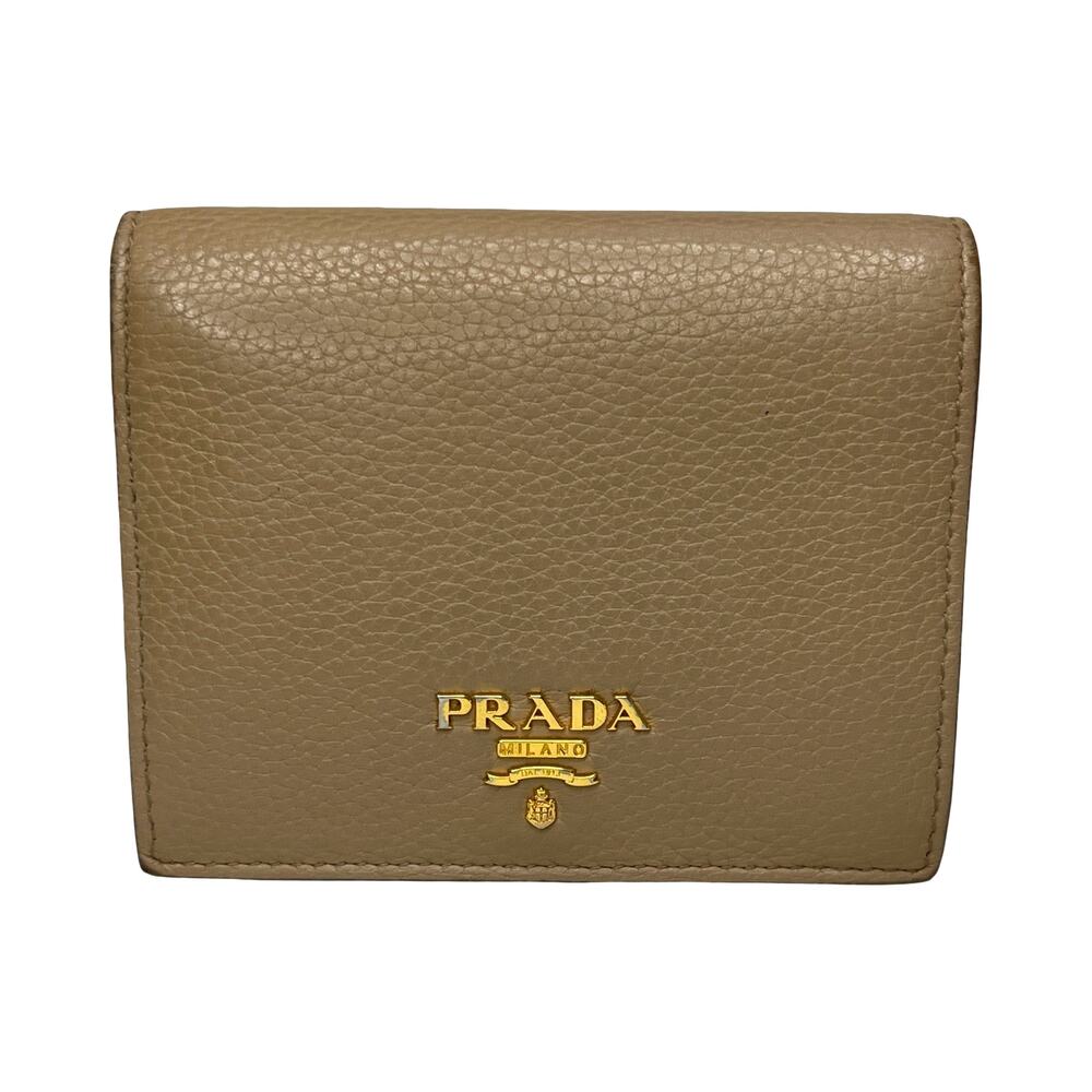 Prada Vitello Daino Taupe Beige Leather Bifold Wallet Pink Interior With Box